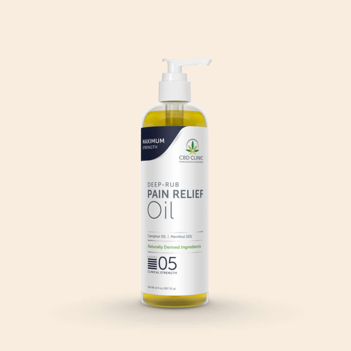 Bottle of pain relief oil with a pump on a beige background