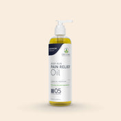 Product Image for Bottle of pain relief oil with a pump on a beige background