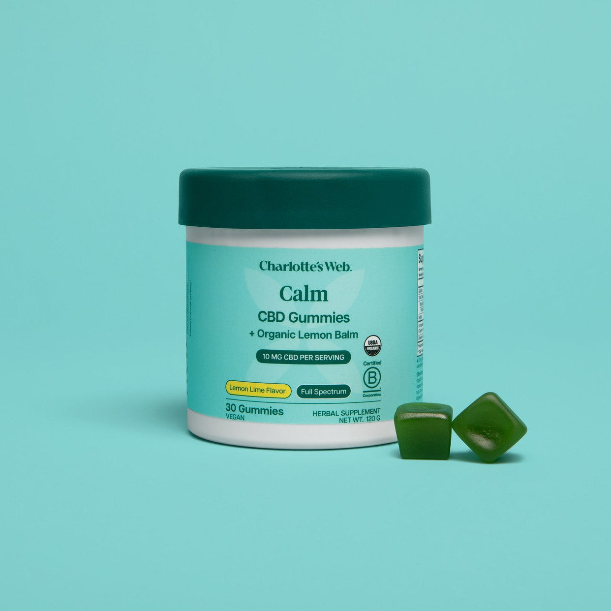 Jar of Charlotte's Web Calm CBD Gummies on a teal background